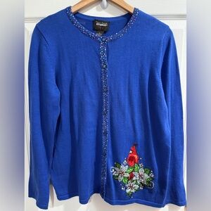 Blue Cardigan Embroidered Cardinal Sequin Embellished Design Winter